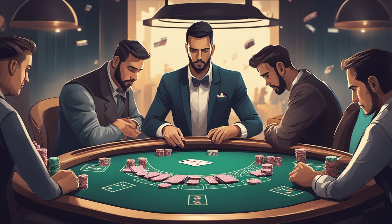 A poker table with cards and chips, players in intense focus, and a dealer shuffling cards. The atmosphere is tense and competitive