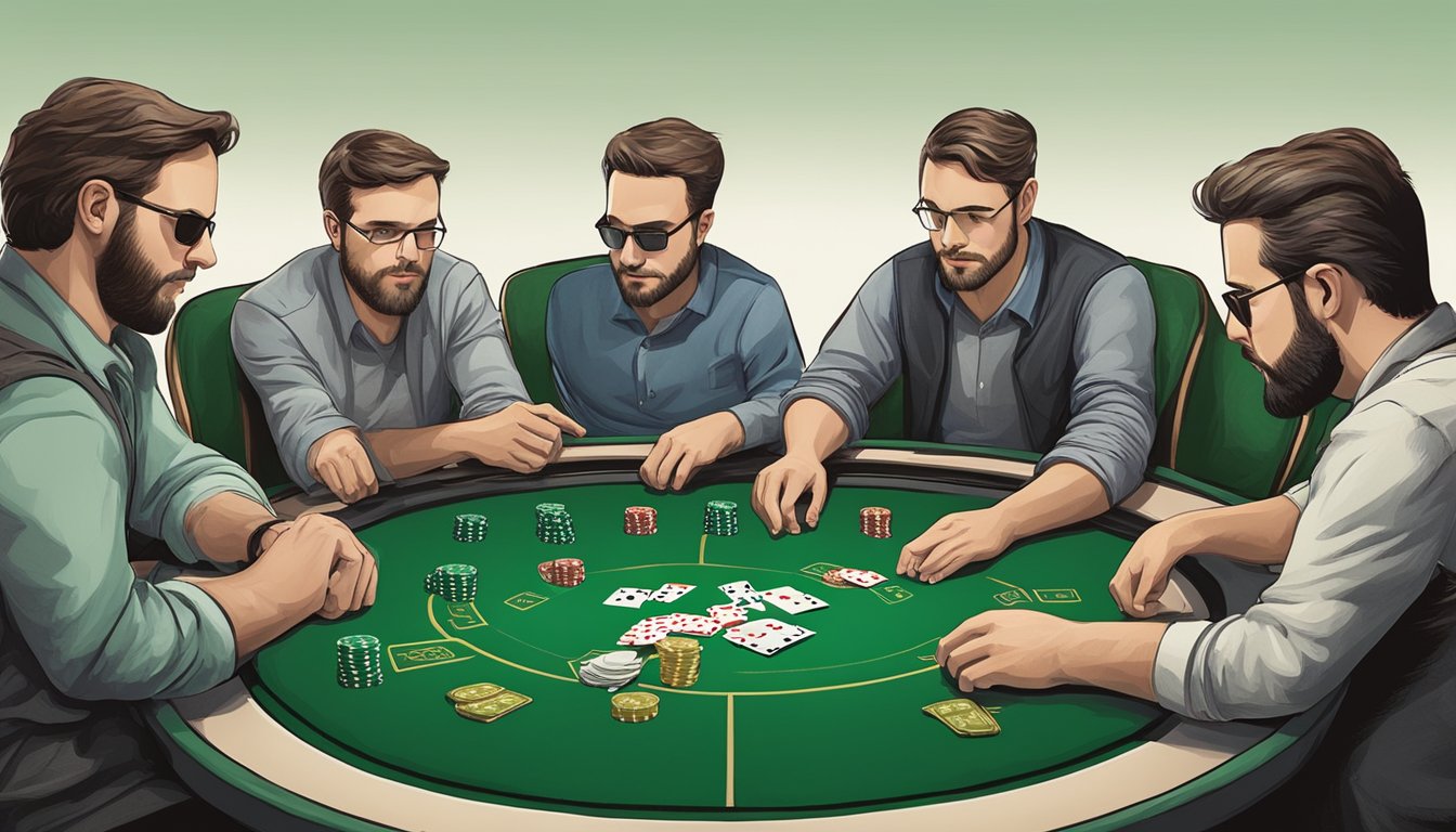 Players sitting around a green felt poker table, chips and cards in hand. Tension fills the air as they strategize their next move in the game of Texas Hold'em