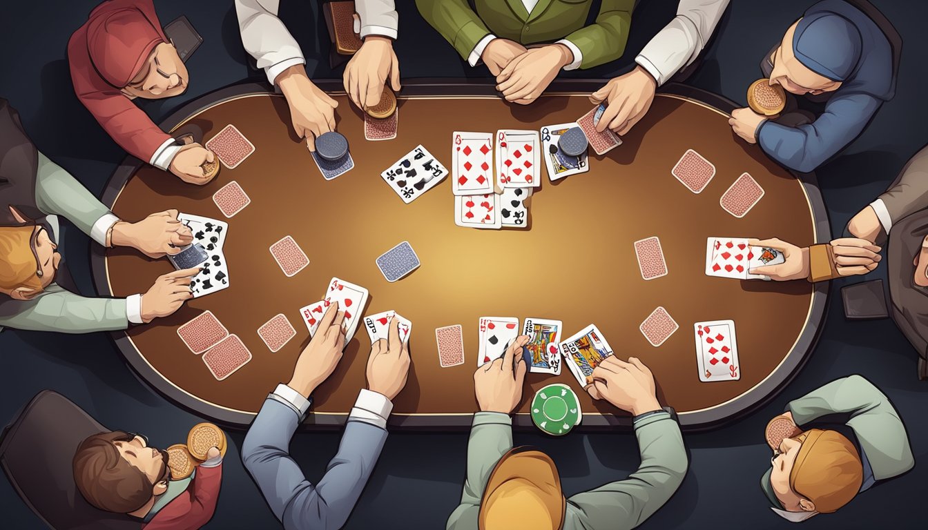 A poker table with cards arranged in a winning hand ranking, surrounded by players with focused expressions