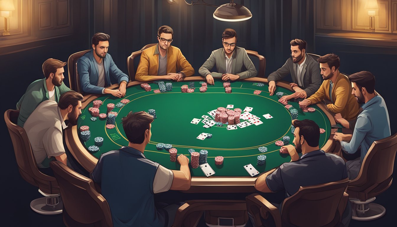 A poker table with chips and cards, surrounded by intense players strategizing