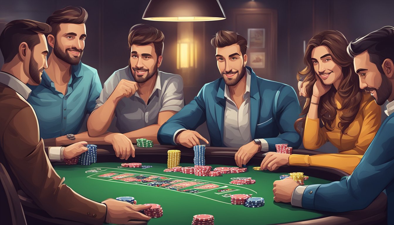 A poker table with cards and chips, players showing various facial expressions