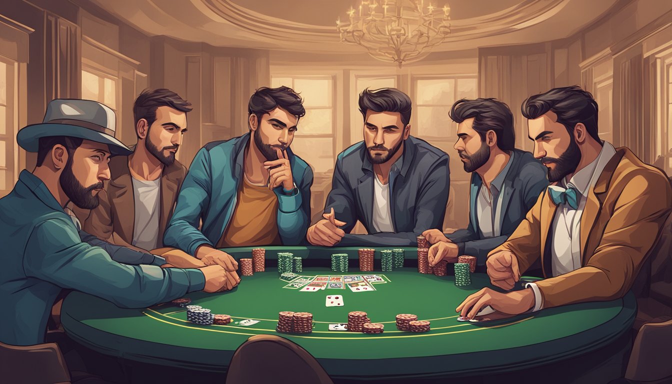 A group of players at a poker table, using various hand gestures and facial expressions to communicate their poker strategy and read their opponents