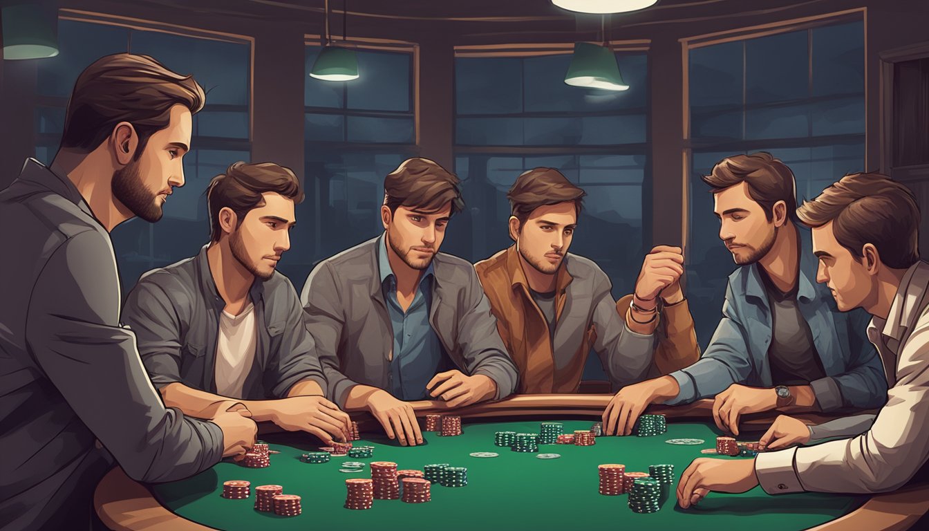 A group of players sit around a poker table, chips stacked in front of them. The tension is palpable as they study their hands and await the next move