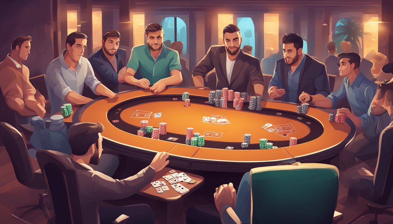 A poker table with cards and chips, surrounded by players in a mix of online and physical casino settings