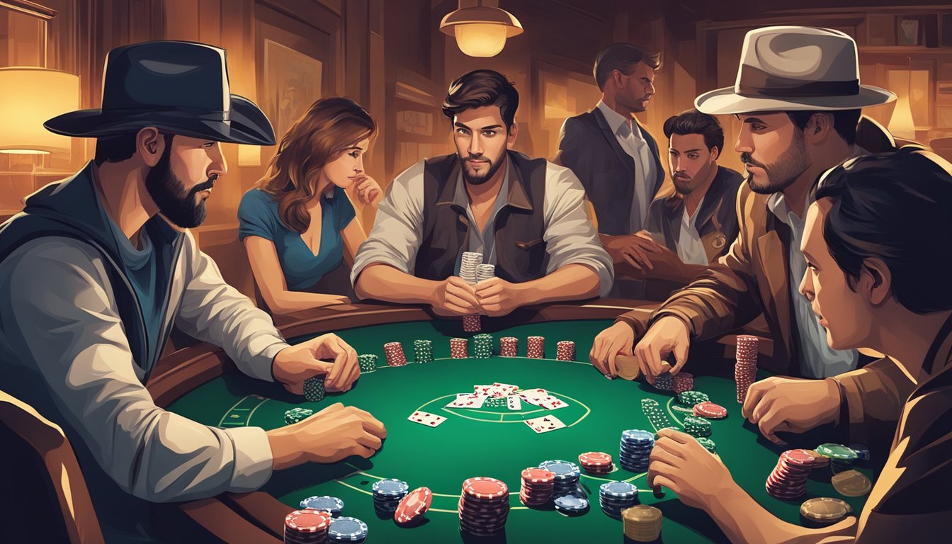 A group of people playing Texas Hold'em poker, surrounded by chips, cards, and drinks, with a tense and focused atmosphere