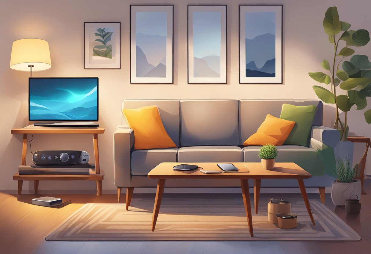 A cozy living room with a portable power station placed next to a sofa, powering a lamp and charging electronic devices