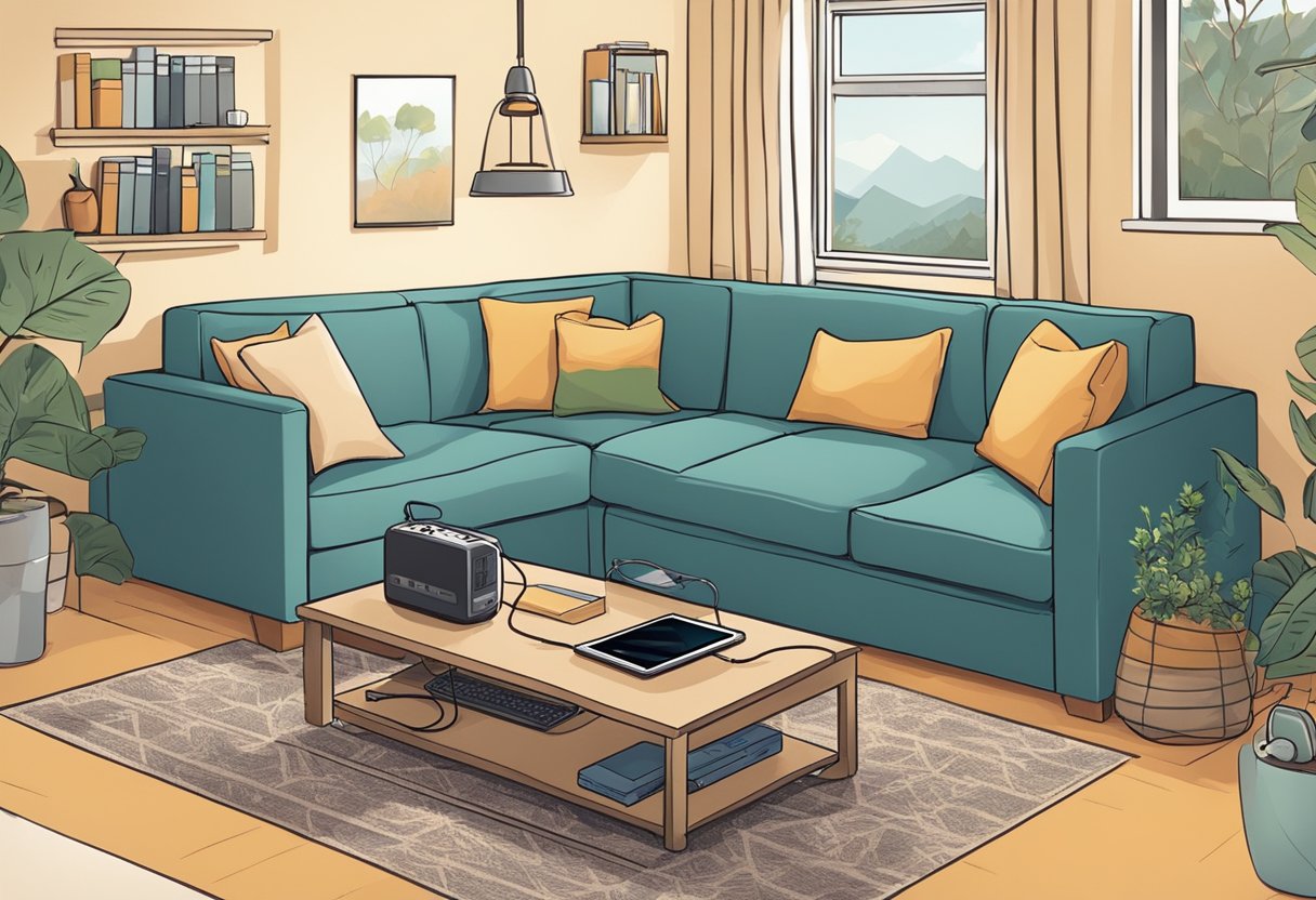 A cozy living room with a portable power station plugged into various electronic devices, providing indoor power during a blackout or for off-grid living