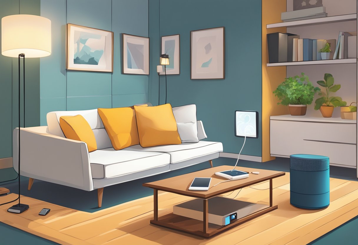 A cozy living room with a portable power station placed next to a sofa, with a lamp plugged into it, and a small electronic device charging nearby