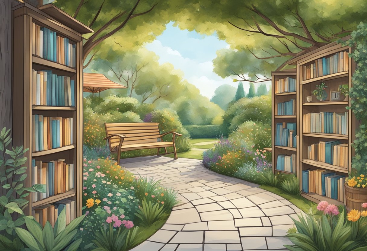 A serene garden with a winding path leading to a cozy outdoor seating area. A bookshelf filled with books on various hobbies and interests. A calendar with scheduled activities and events