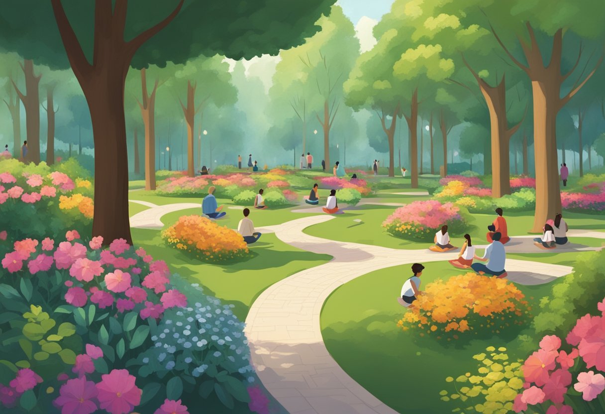 A serene park with a winding path, shaded by tall trees and surrounded by vibrant flowers. A group of people engage in various activities such as walking, yoga, and tai chi, while others sit and read or meditate