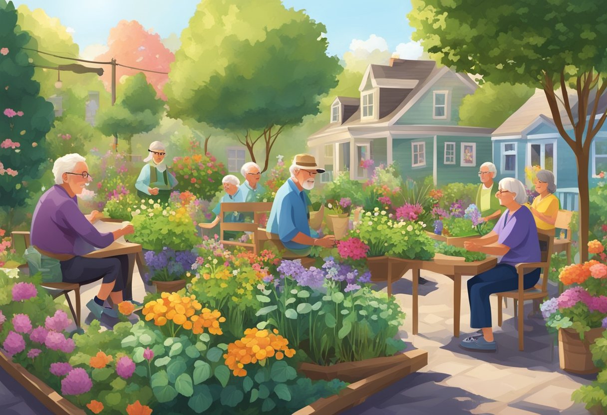 A group of retirees gathers in a vibrant community garden, chatting and working together to tend to the lush, blooming plants and flowers