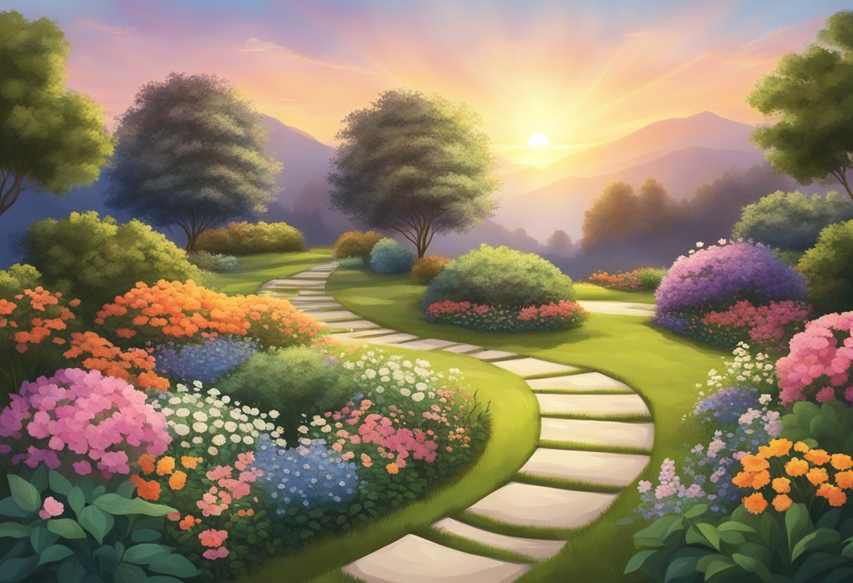 A serene garden with blooming flowers and a winding path leading towards a glowing sunset, symbolizing the journey of personal growth and fulfillment in retirement