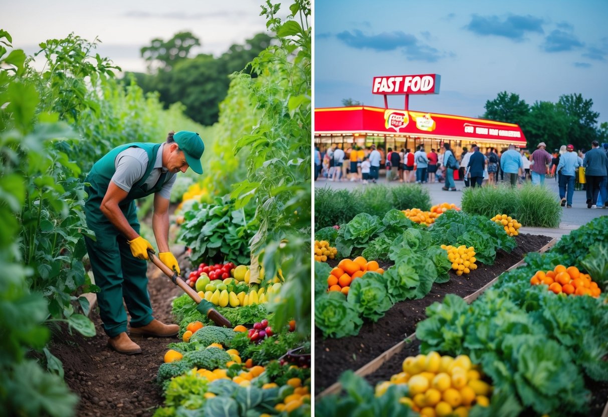 Ein Bauer pflegt sorgfältig einen Garten, umgeben von üppigem Grün und buntem Obst und Gemüse. In der Nähe ist ein geschäftiges Fast-Food-Restaurant mit hellen Lichtern und einer langen Kundenschlange abgebildet