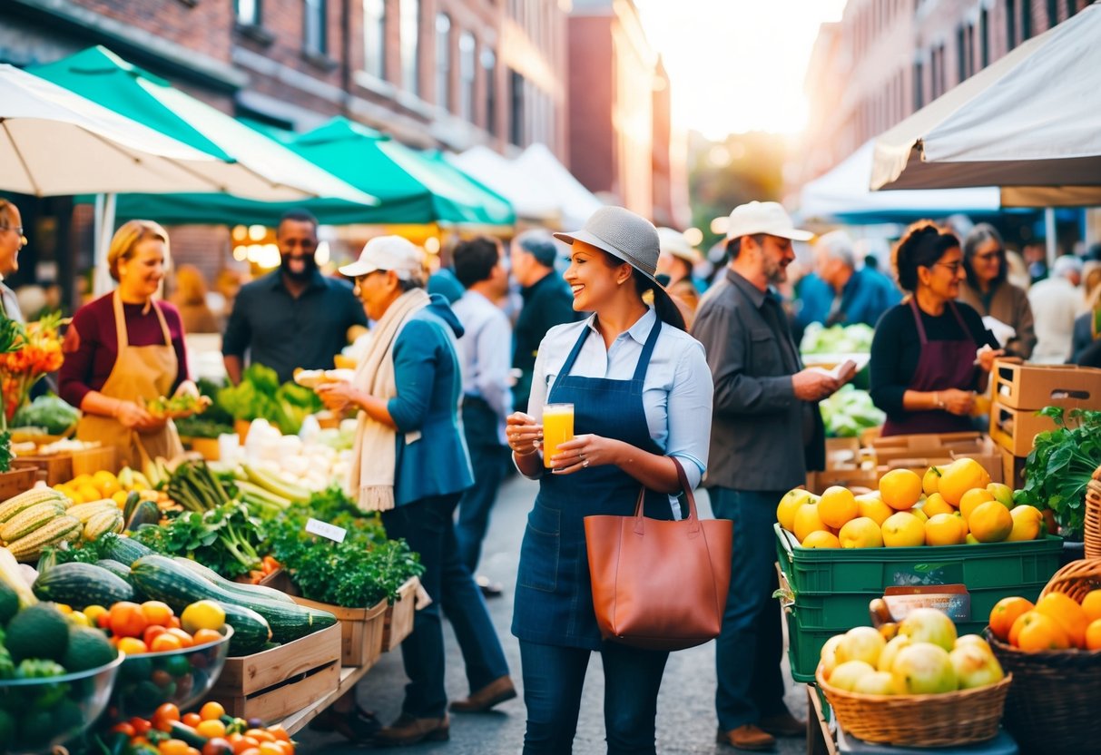 Ein lebhafter Bauernmarkt mit frischen Produkten aus der Region und Kunsthandwerk. Die Menschen führen lebhafte Gespräche und genießen dabei die reichen Aromen langsam gegarter Gerichte