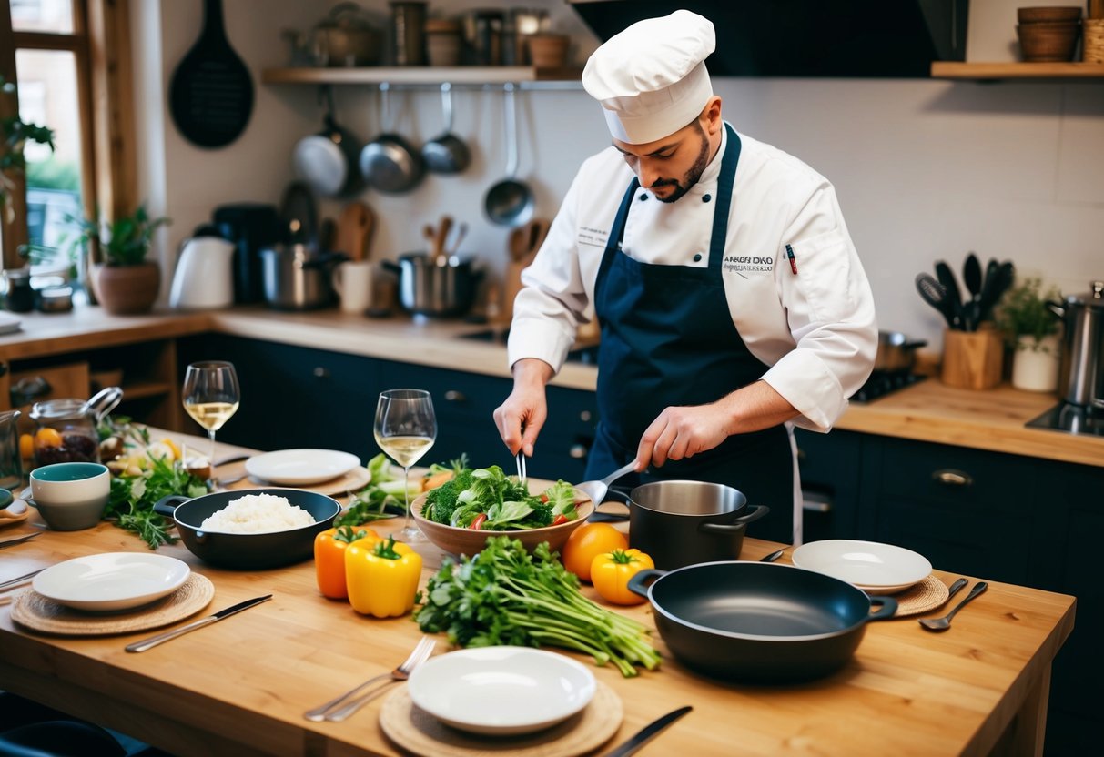 Ein Tisch, der mit frischen Zutaten aus der Region gedeckt ist. Ein Koch bereitet sorgfältig eine Mahlzeit in einer gemütlichen Küche zu, umgeben von Töpfen, Pfannen und Utensilien