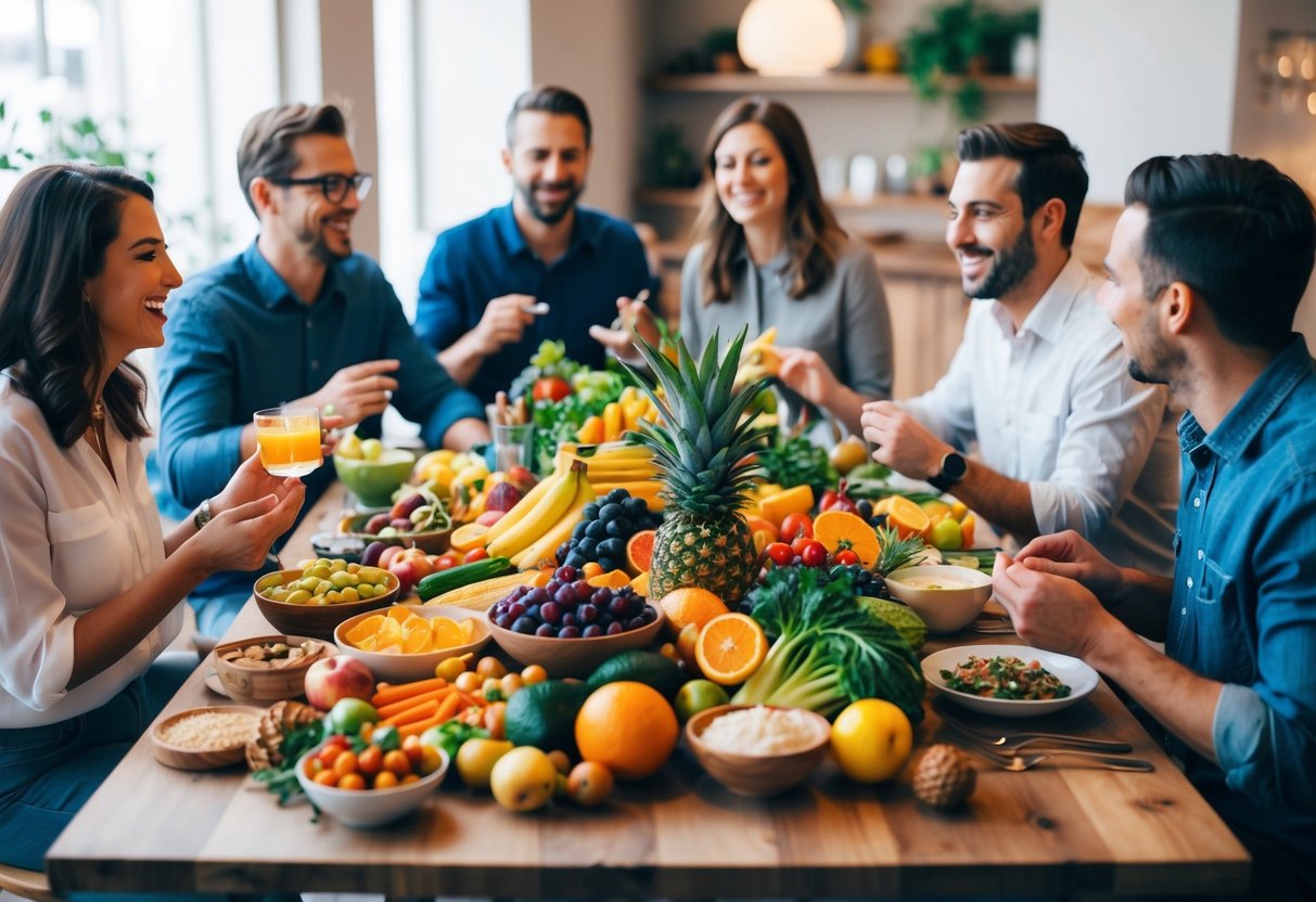 Ein Tisch voller vielfältiger, farbenfroher Früchte, Gemüse und handwerklich hergestellter Lebensmittel. Eine Gruppe von Menschen unterhält sich angeregt und genießt gemeinsam eine Mahlzeit