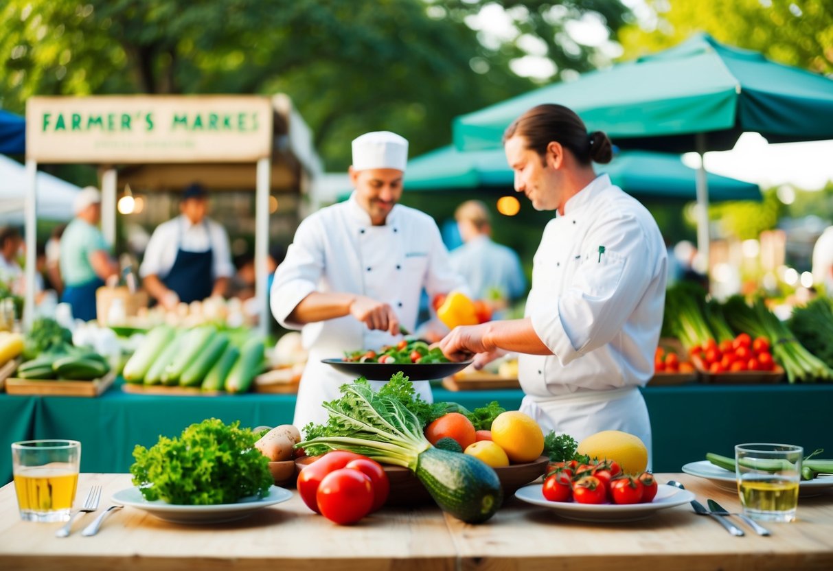 Ein Tisch, der mit frischen Zutaten aus der Region gedeckt ist. Im Hintergrund ein Bauernmarkt. Ein Koch bereitet eine Mahlzeit mit Sorgfalt zu