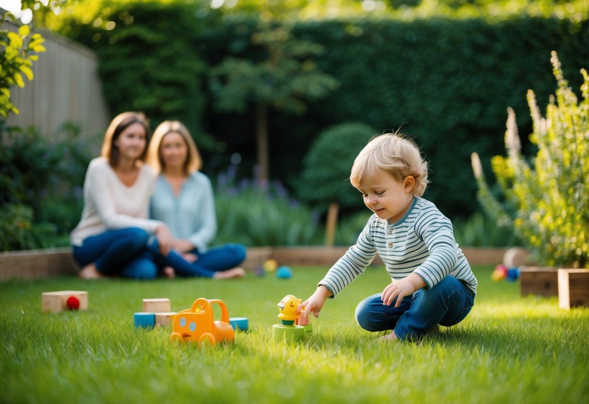 Ein ruhiger Garten, in dem ein Kind frei spielt, umgeben von Natur und einfachen Spielzeugen, während die Eltern aus der Ferne mit ruhiger und zufriedener Miene beobachten