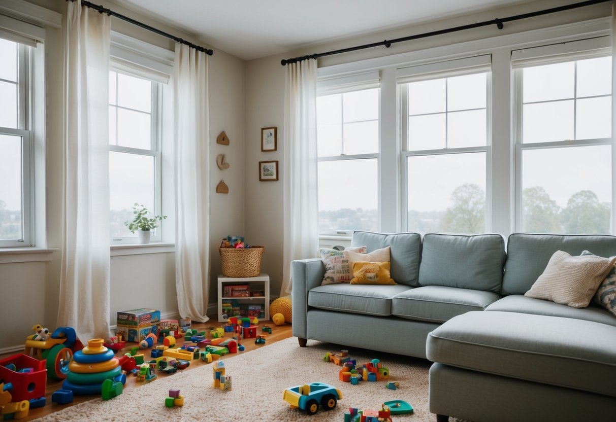 Ein ruhiges Wohnzimmer mit verstreuten Spielsachen, einer gemütlichen Leseecke und einem einfachen, aufgeräumten Design. Durch die Fenster dringt sanftes natürliches Licht ein und schafft eine ruhige und einladende Atmosphäre