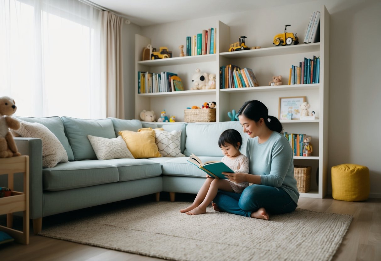 Ein ruhiges, aufgeräumtes Wohnzimmer mit einer gemütlichen Leseecke, sanfter Beleuchtung und Regalen voller Bücher und Spielzeug. Ein Elternteil und ein Kind üben gemeinsam eine ruhige, gemächliche Aktivität aus