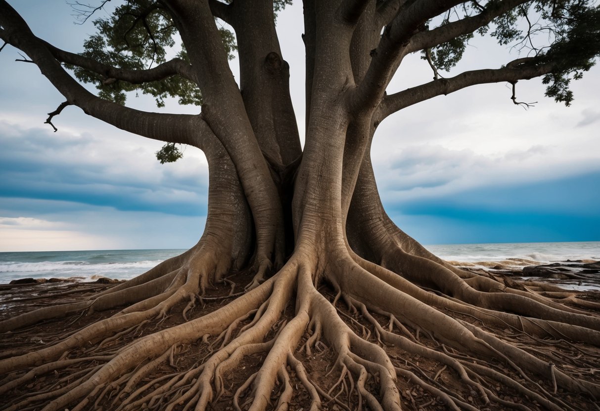 Ein robuster Baum mit tiefen Wurzeln und dicken Ästen, der starken Winden und rauem Wetter standhält