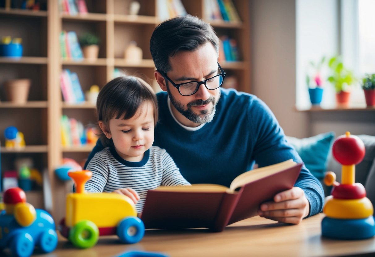 Ein Elternteil liest ruhig ein Buch, während ein Kind in der Nähe spielt, umgeben von Spielzeug und einer gemütlichen häuslichen Umgebung