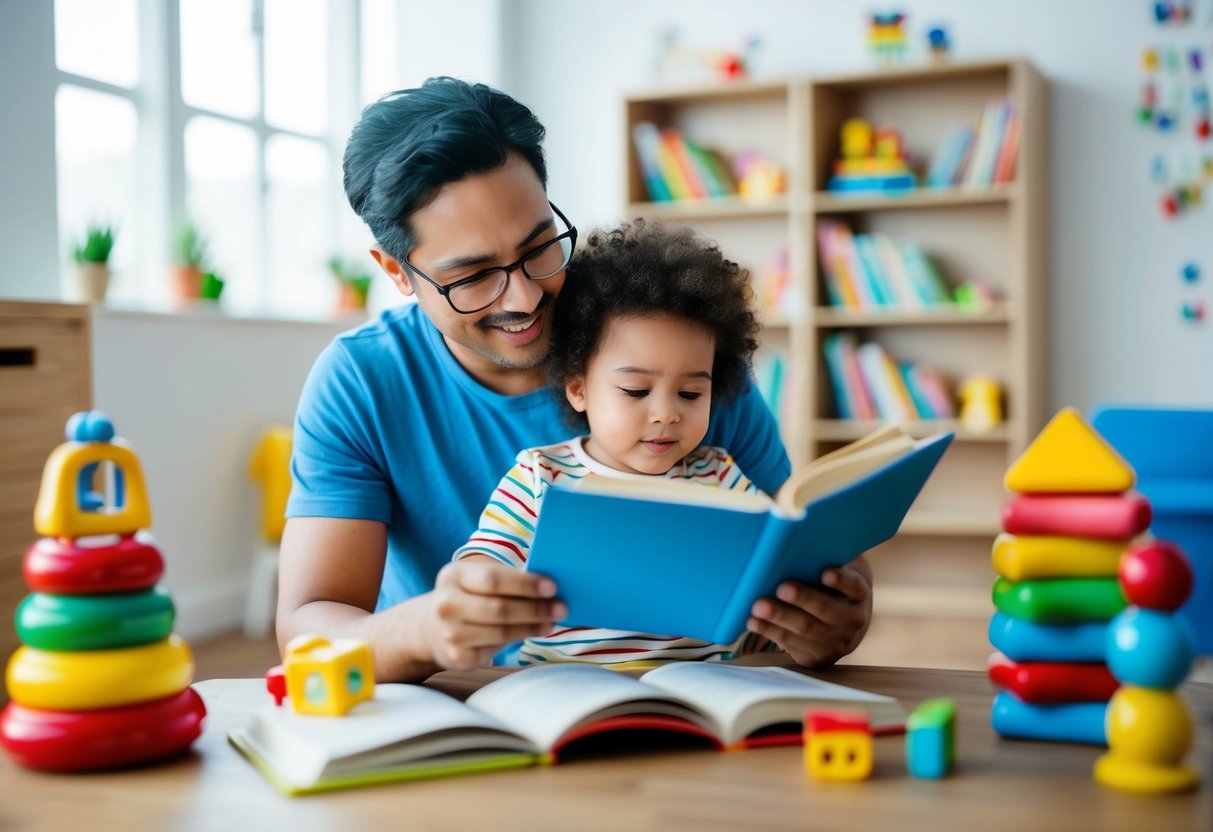 Ein Elternteil liest einem Kind vor, umgeben von Büchern und Lernspielzeug