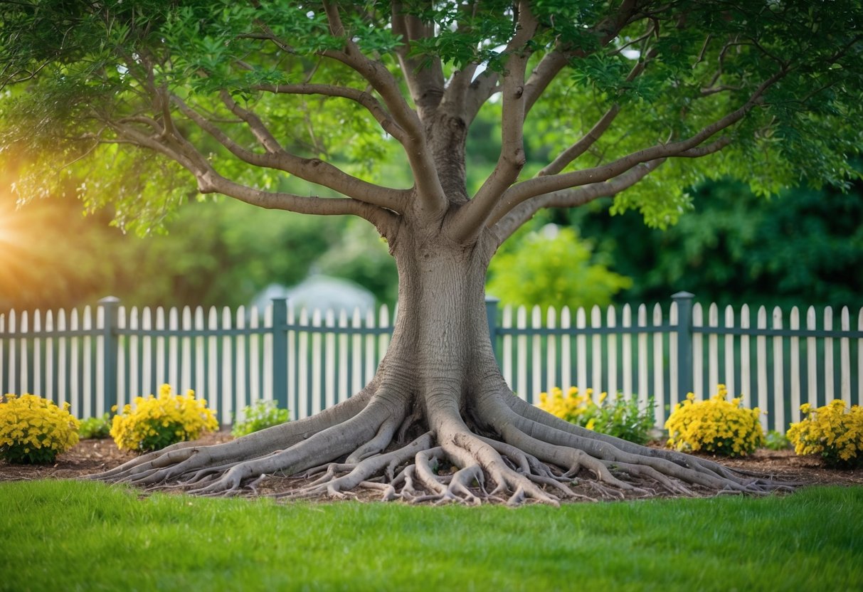 Ein robuster Baum mit tiefen Wurzeln, umgeben von einem schützenden Zaun und einem blühenden Garten, der die langfristigen Ziele einer robusten Erziehung symbolisiert