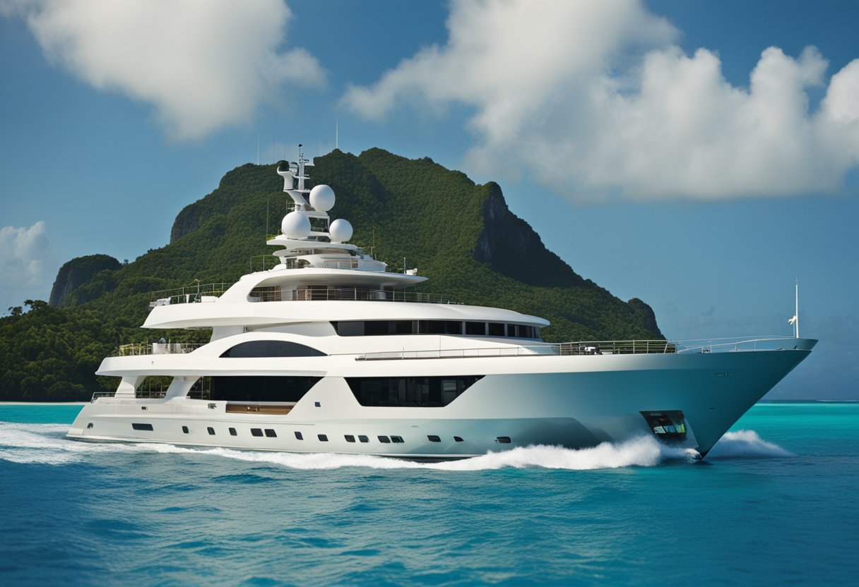 A luxurious yacht sails through crystal-clear waters, surrounded by lush tropical islands. A private helicopter lands on deck, while a team of researchers and conservationists prepare for a philanthropic expedition