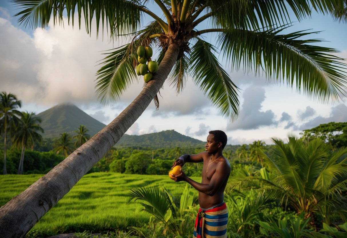 A lush tropical landscape with a towering batana palm tree and a native Honduran extracting oil from the tree's fruit