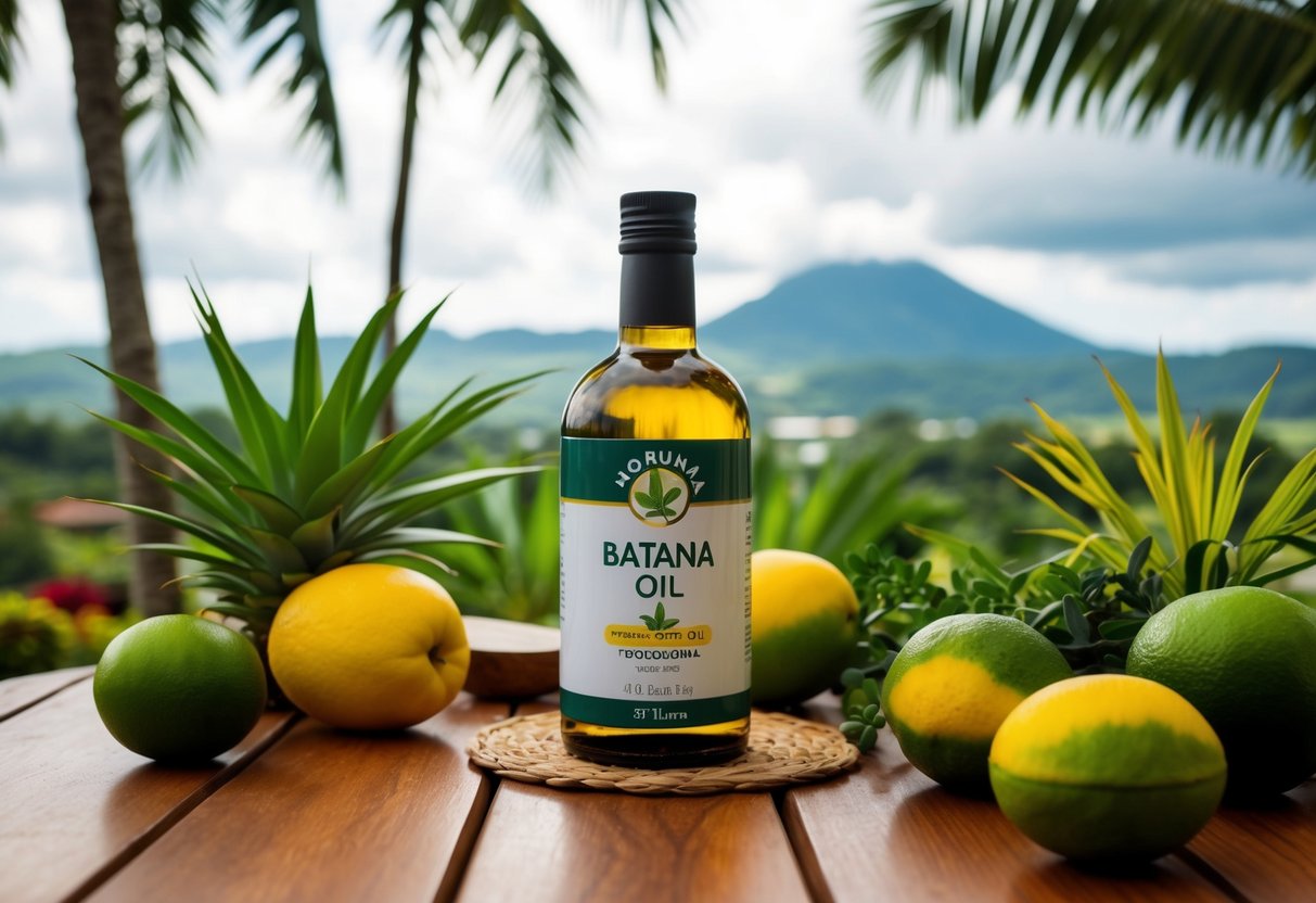 A bottle of batana oil sits on a wooden table, surrounded by tropical plants and fruits, with the Honduran landscape in the background