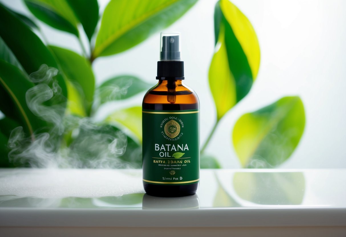 A bottle of Batana oil sits on a bathroom counter, with a backdrop of lush green leaves and a soft mist in the air