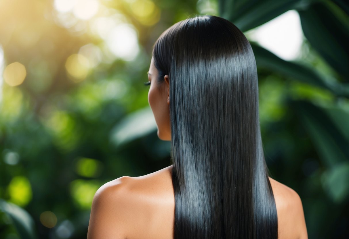 A woman's hair remains sleek and frizz-free despite the humid environment, thanks to the nourishing properties of pure batana oil