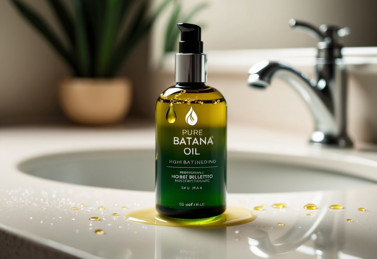 A bottle of pure batana oil sits on a bathroom counter, with droplets of oil glistening on the surface. A soft glow emanates from the bottle, highlighting its moisturizing properties for skin and hair