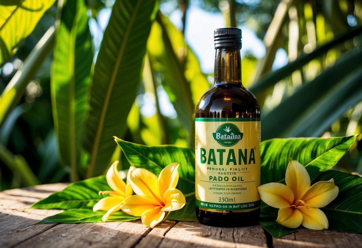 A bottle of batana oil sits on a rustic wooden table, surrounded by tropical leaves and flowers. Sunlight filters through the foliage, casting dappled shadows on the bottle