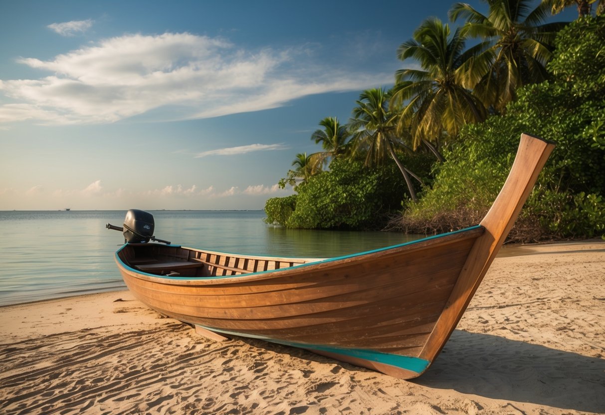 A wooden batana rests on a sandy shore, surrounded by tropical foliage and calm waters. The boat's sleek, curved shape and simple composition are highlighted by the warm sunlight