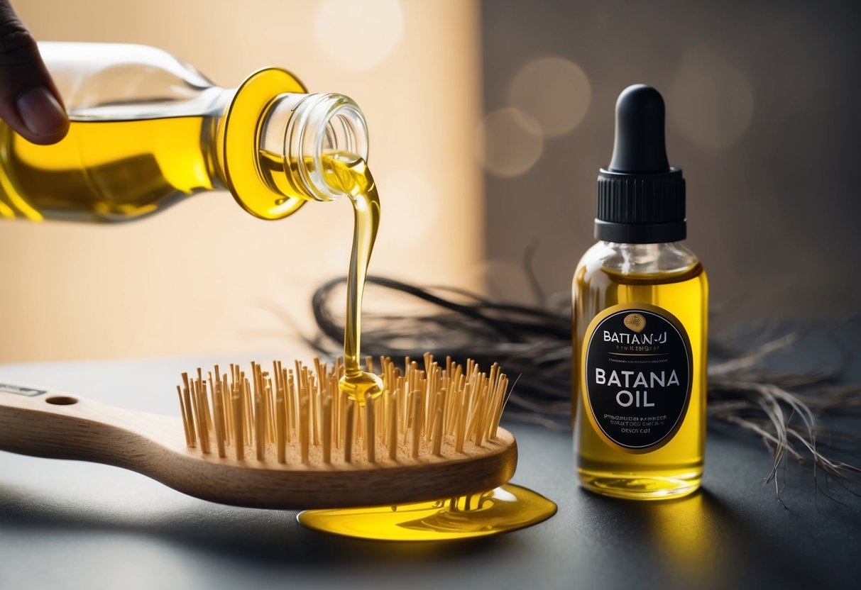 Batana oil being poured onto a hairbrush, with a bottle of batana oil and a few strands of hair in the background