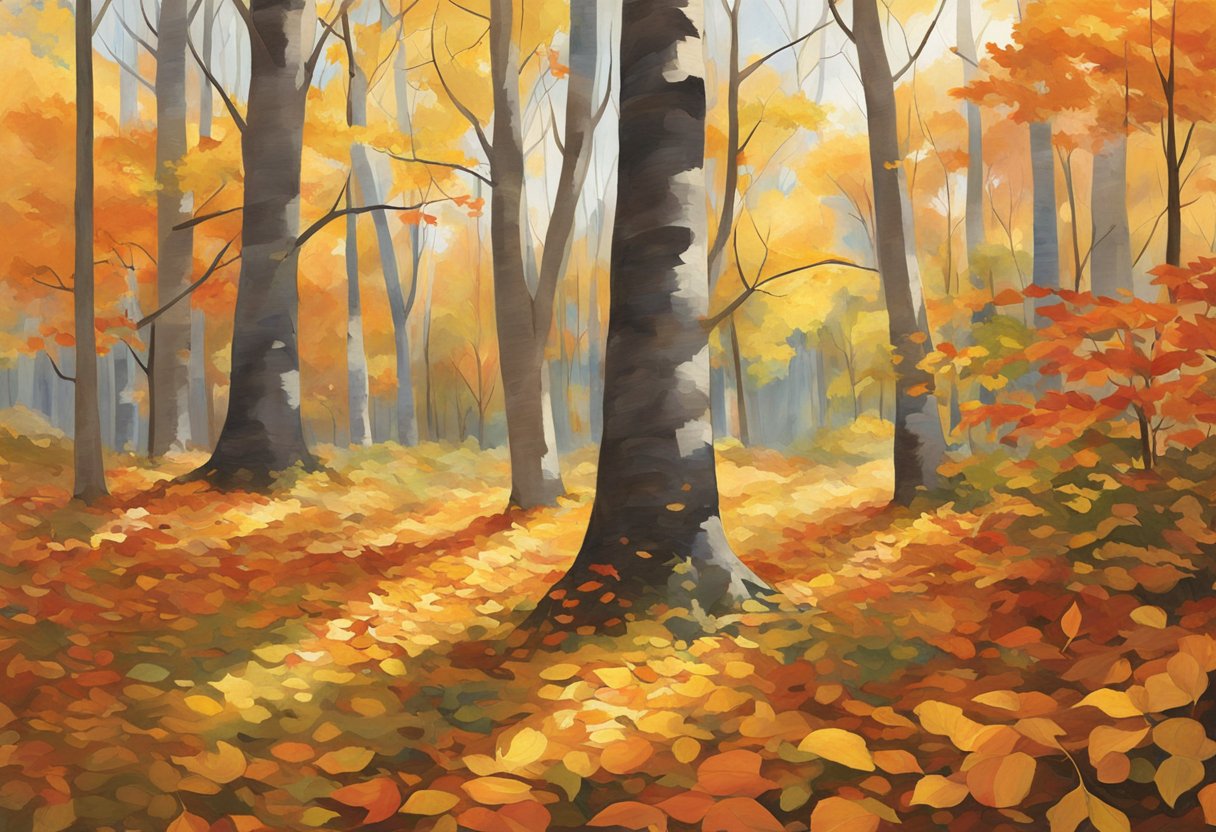 Colorful autumn leaves cover the forest floor in Maine, creating a vibrant carpet of red, orange, and yellow. The leaves crunch underfoot as the wind gently rustles the branches above