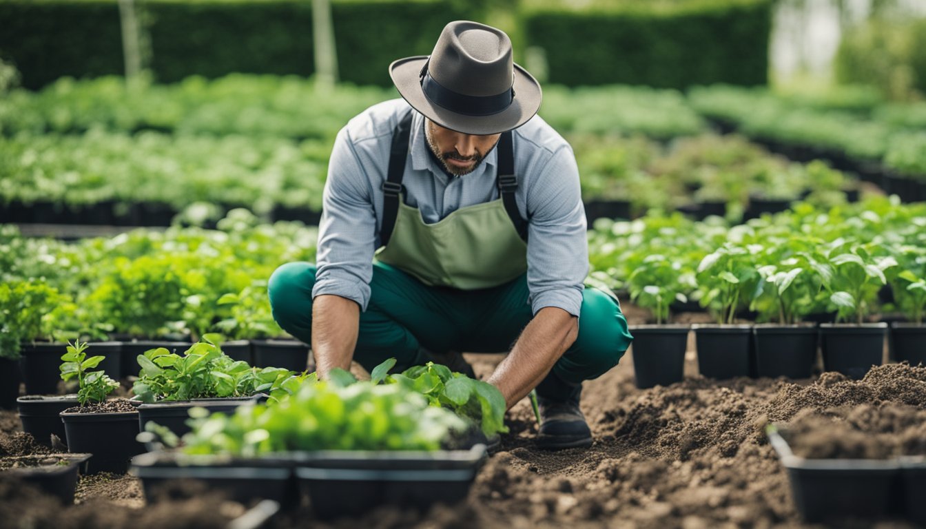 A gardener carefully examines the roots and foliage of vibrant, disease-free plants before selecting them for transplanting trees and shrubs