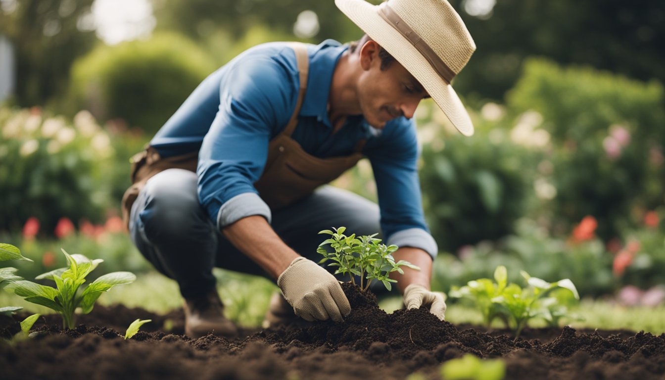 The gardener digs into the soil, carefully handling the plant's roots as they transfer it to a new location