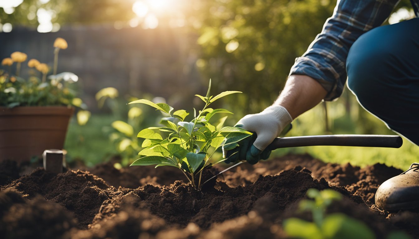 A gardener carefully digs up a young tree and moves it to a freshly dug hole in a different part of the garden. The sun shines down as they pat the soil around the base of the tree