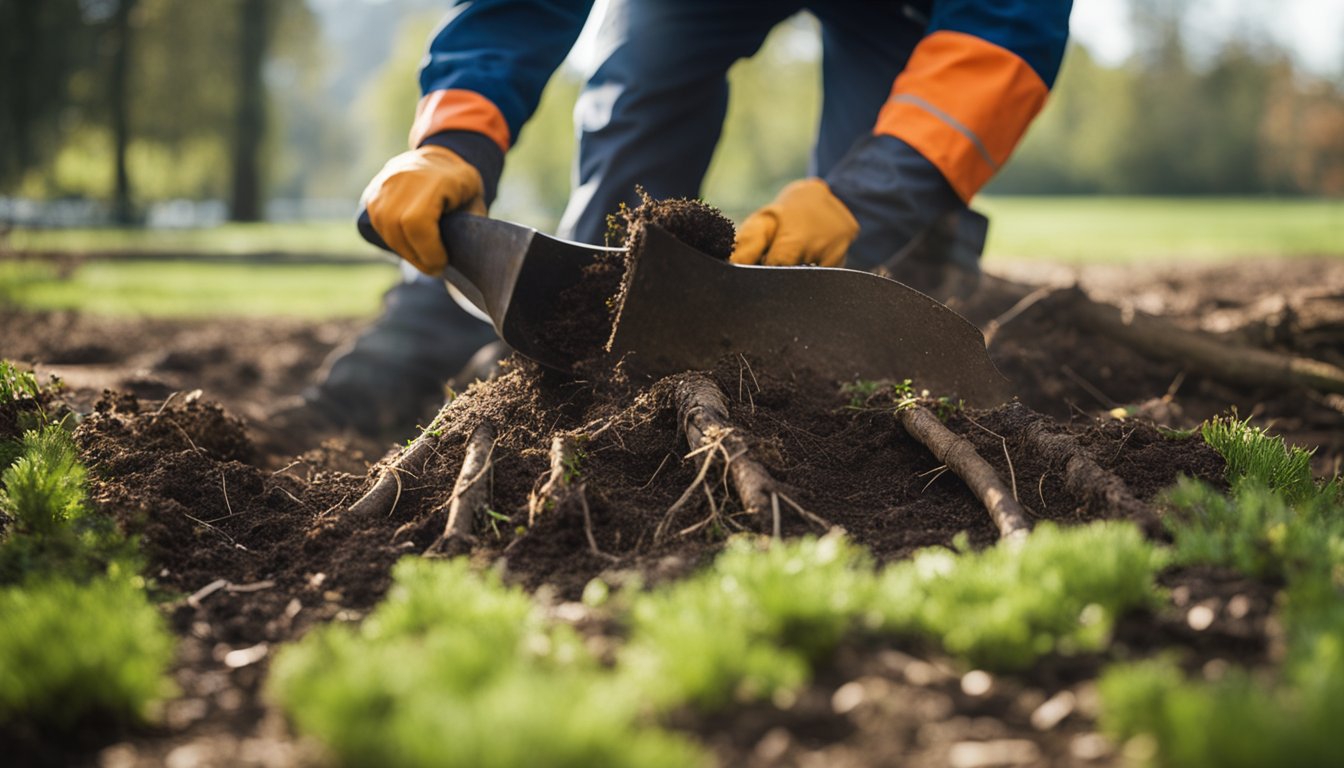 A professional landscaper carefully digs around the base of a mature tree, preserving as much of the root system as possible before carefully transporting it to its new location