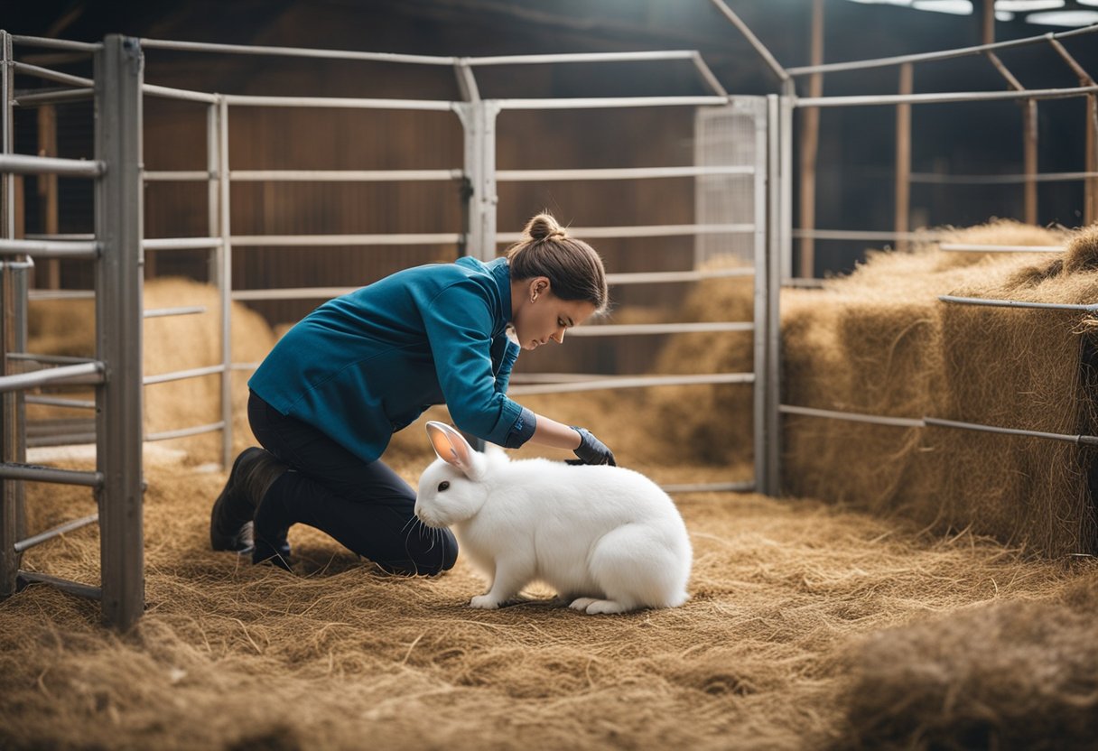 A person grooming a large Flemish Giant rabbit in a spacious, clean enclosure with plenty of hay and fresh water