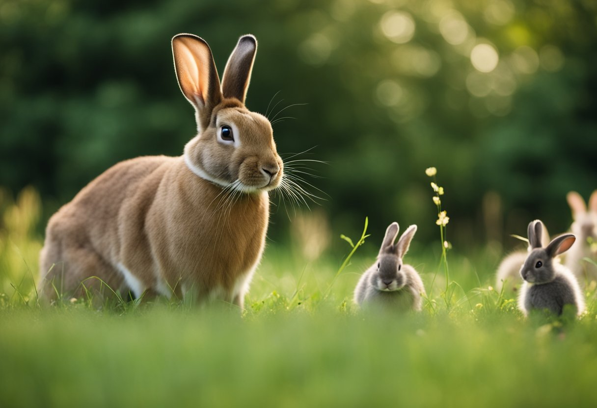 A Flemish Giant rabbit sits in a grassy field, surrounded by smaller animals. People marvel at its size, while children play nearby