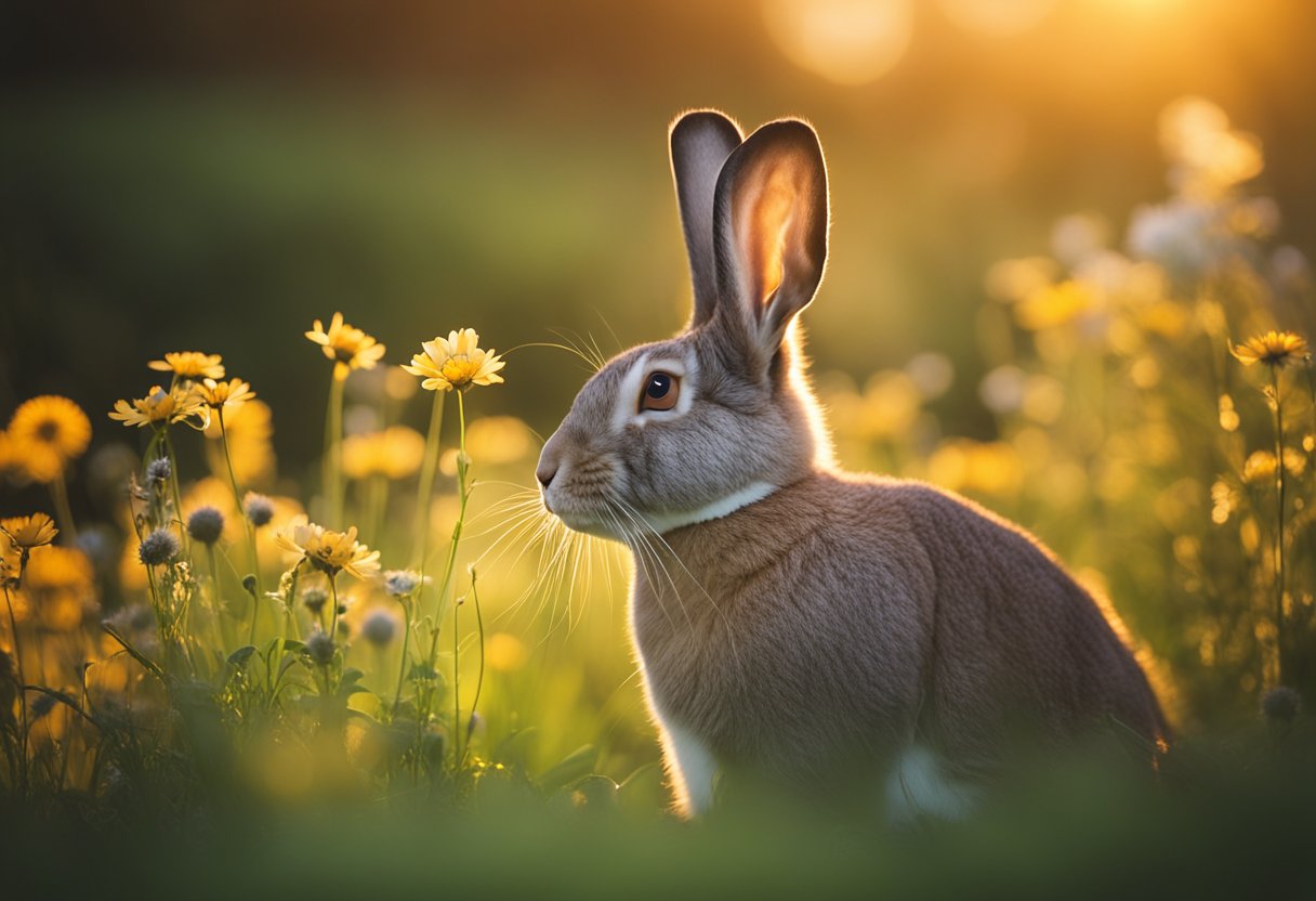 A Flemish Giant rabbit sits in a lush green field, surrounded by wildflowers and tall grass. The sun is setting, casting a warm glow over the peaceful scene