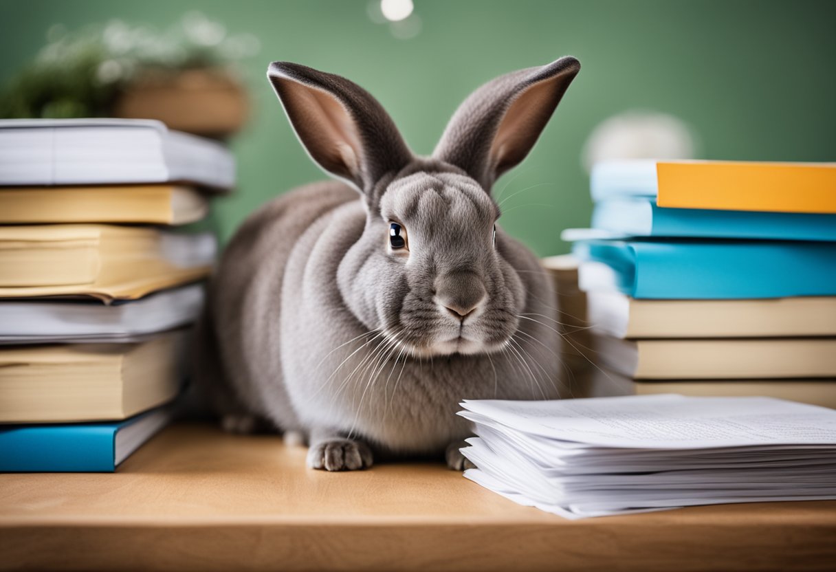 A Flemish Giant rabbit sits next to a stack of papers labeled "Frequently Asked Questions." It looks curious and attentive, with its ears perked up and its large, expressive eyes focused on the viewer