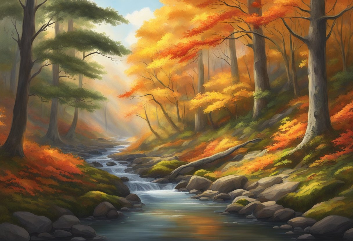 A winding river cuts through a dense forest, the trees ablaze with vibrant red, orange, and yellow leaves. The sunlight filters through the canopy, casting a warm glow on the moss-covered rocks below