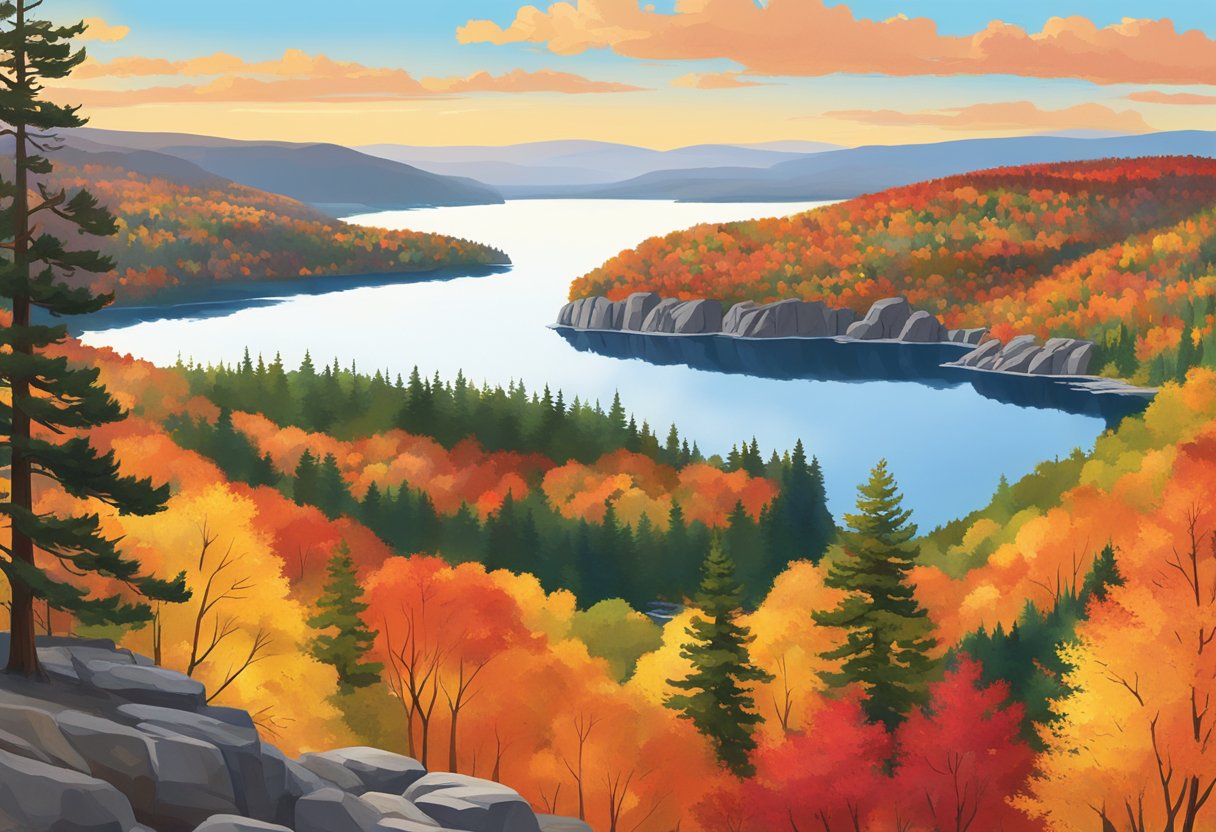 A panoramic view of Acadia National Park in Maine during the fall, showcasing vibrant foliage and a variety of trees in different shades of red, orange, and yellow against a backdrop of rocky cliffs and a serene lake