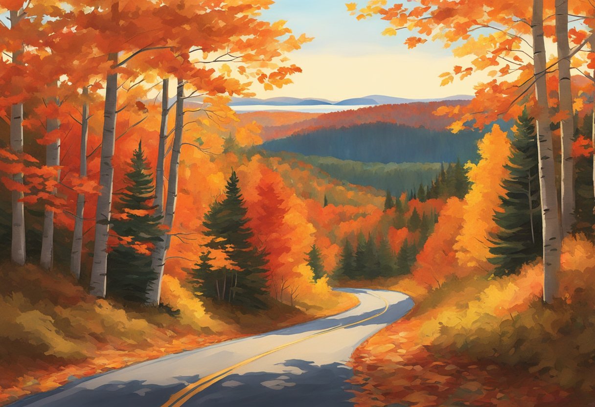 A winding road cuts through a forest ablaze with vibrant red, orange, and gold leaves. The sun casts a warm glow on the foliage, creating a picturesque scene along the Rangeley Lakes Scenic Byway