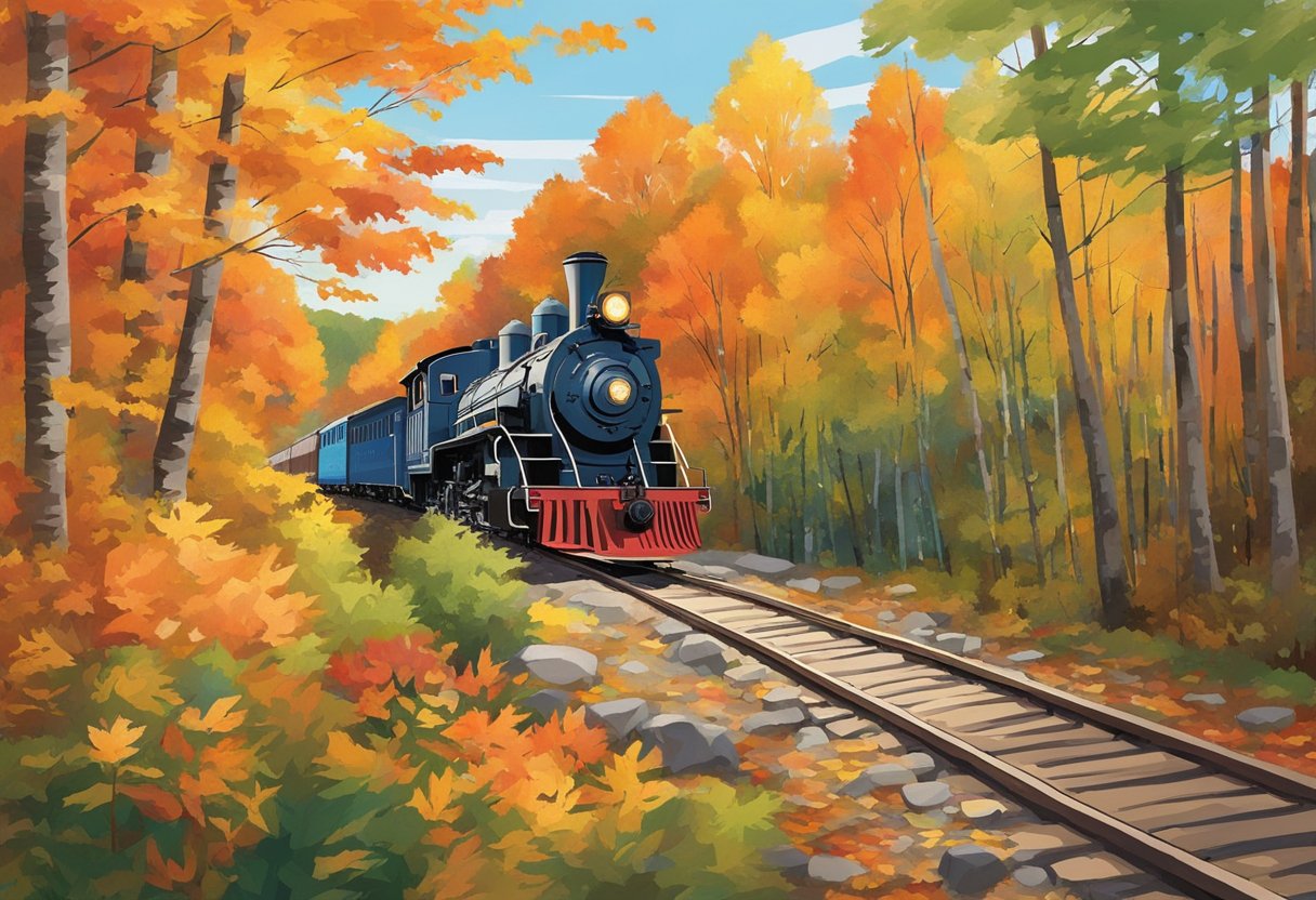 The Kennebec River Rail Trail winds through a colorful forest with vibrant fall foliage, showcasing the 10 best places to see autumn in Maine